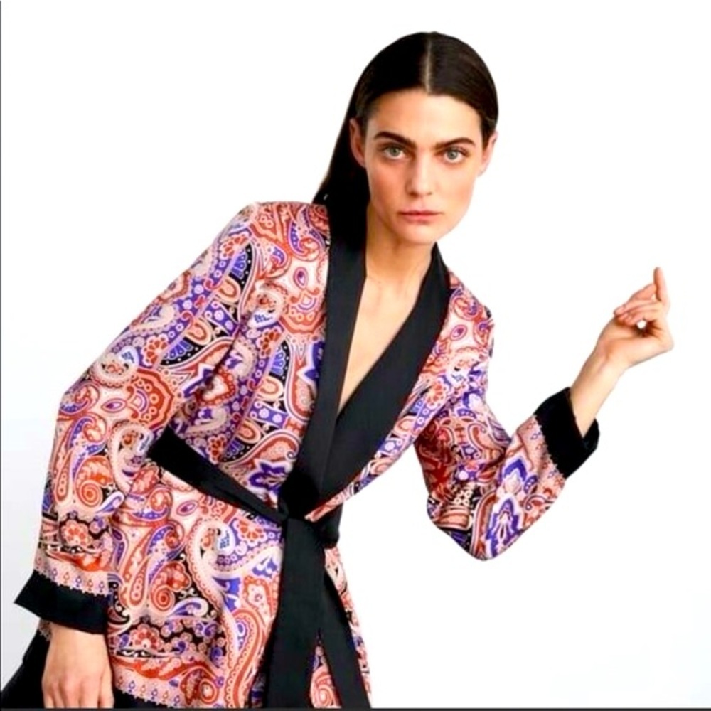 Zara - Colorful Paisley Print Black Lapels And Tie Belt Kimono Blouse Size Small